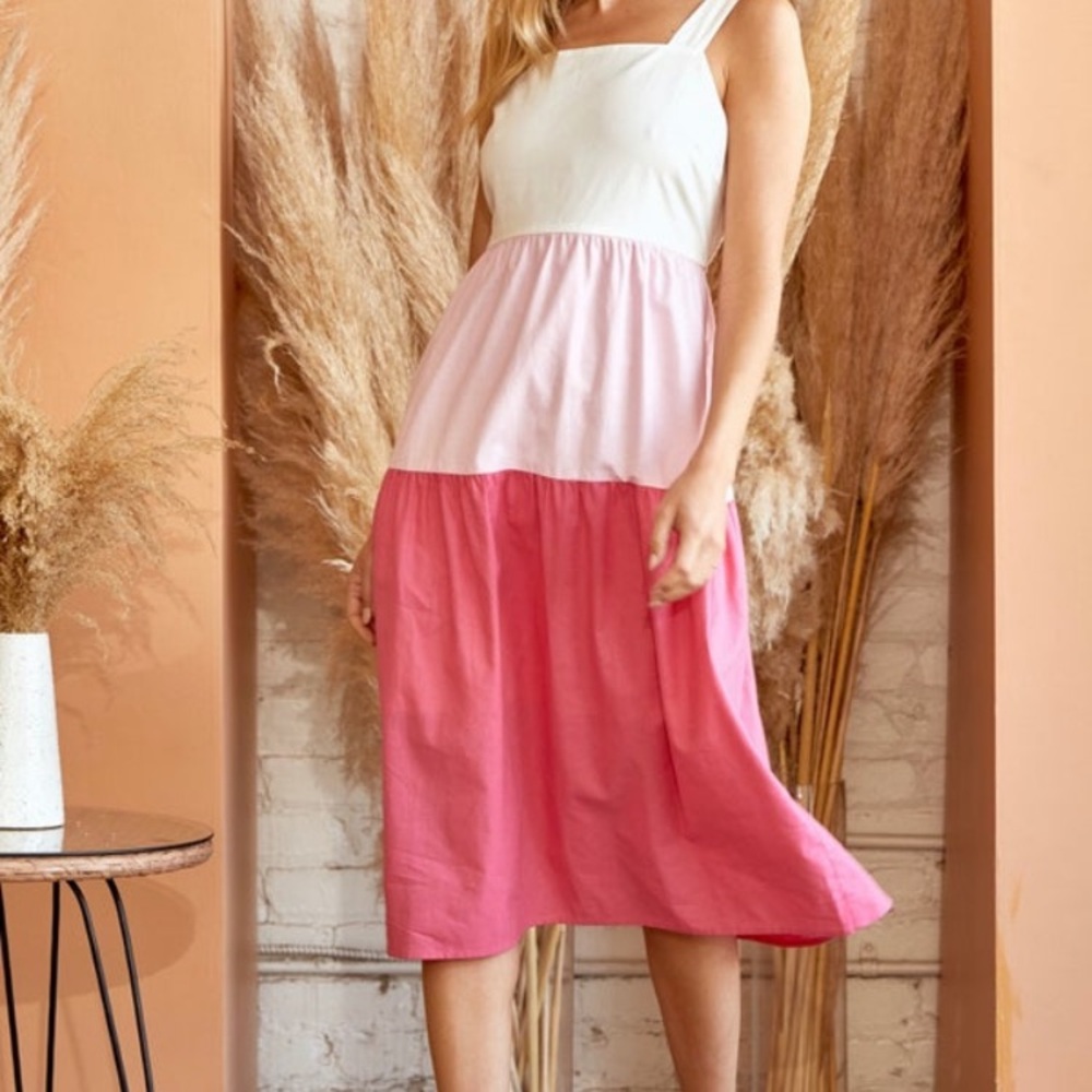 Pink and White Colorblock Midi Skirt